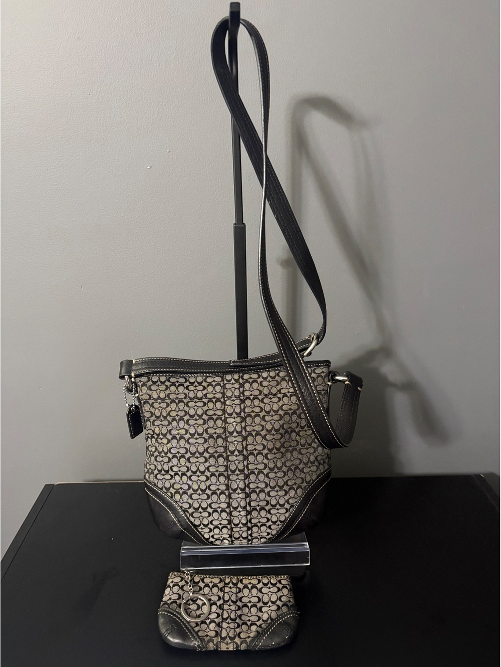 Coach Vintage Signature Canvas Crossbody Bag with Matching Coin Purse Pouch Set